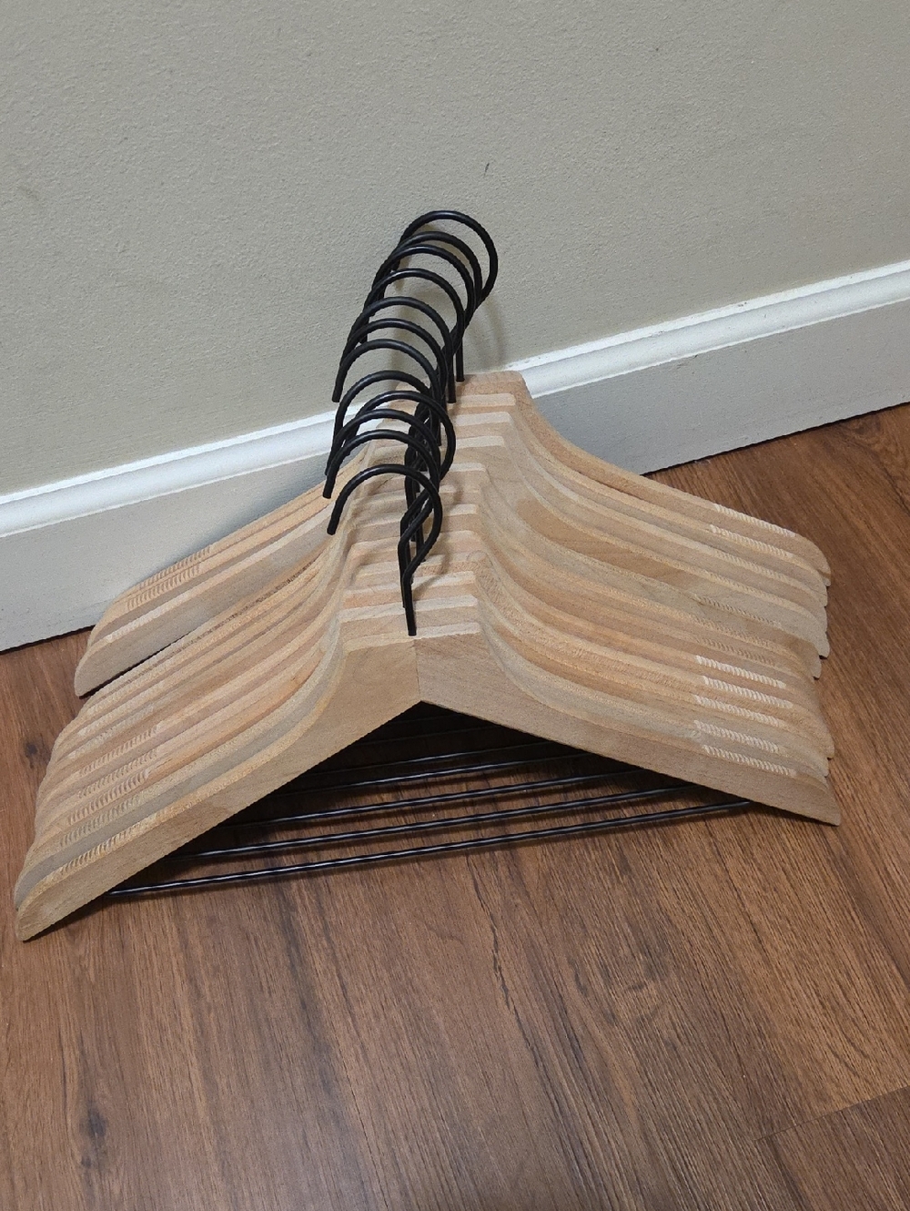 Set of 12 Wooden Clothes Hangers with Black Metal Hooks